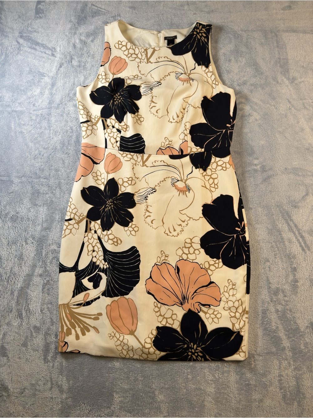 Ann Taylor Factory Cream Floral Sheath Dress with Black & Blush Accents #3096
